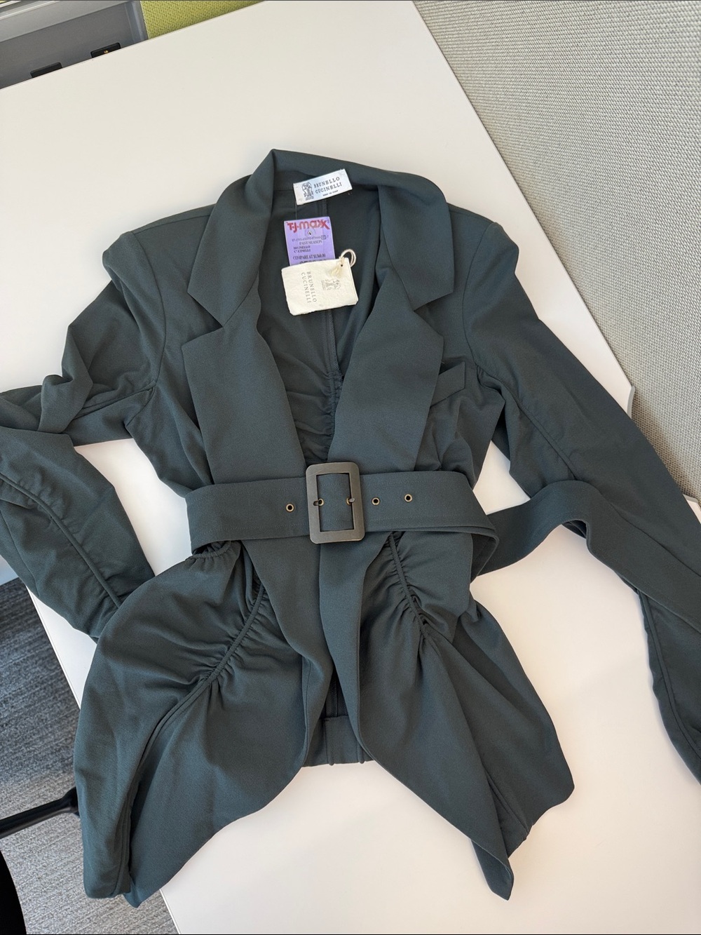 Brunello Cucinelli Forest Green Belted Ruched Blazer
